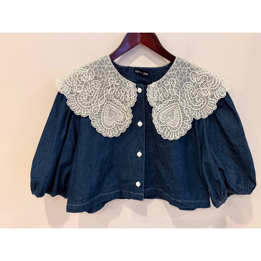 Sister Jane Blue Denim Blouse Oversized Lace Heart Collar Puff Sleeve Large